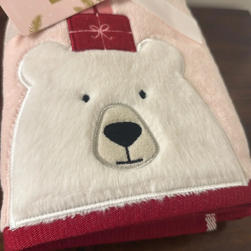Kassatex Pink Polar Bear Christmas Hand Towels Set of 2 Holiday NEW